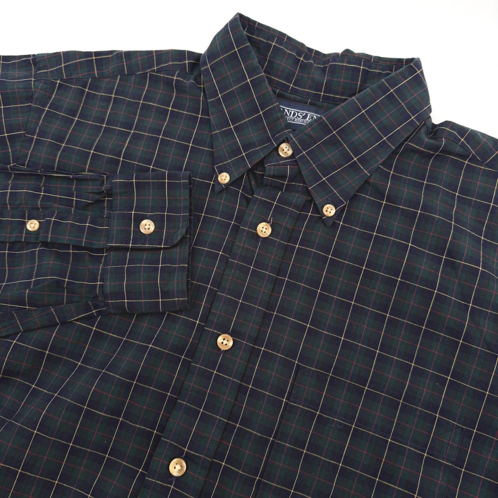 Vintage Lands End Shirt Mens 16/35 Tartan Plaid Long Sleeve Cotton Made in USA